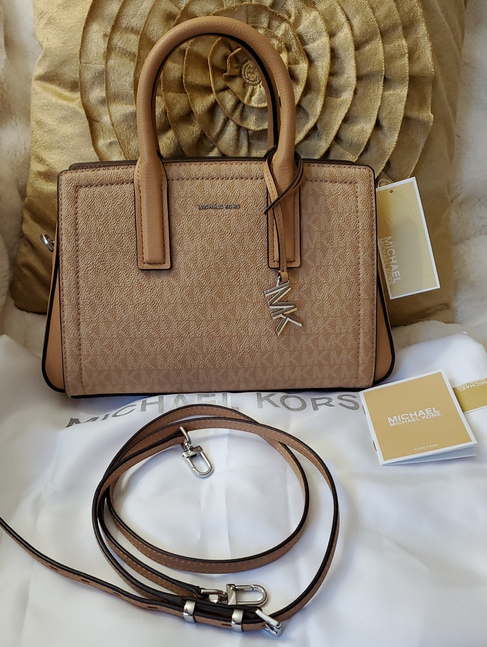 New With Tag Michael Kors Beige-Tan Signature Satchel with MK Charm